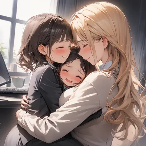 (masterpiece:1.4), (best quality:1.4), (super detailed:1.2), score_9, score_8_up, full body shot, 
(mother in business attire:1.3), professional working mother, office suit, warm embrace, maternal love, 
(young daughter being hugged:1.2),  leaning into mot...