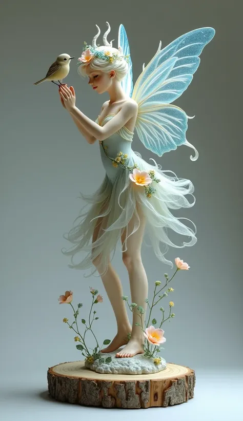 A delicate, ethereal fairy statue, crafted with meticulous detail, stands atop a weathered, round wooden pedestal, set against a soft, muted gray background, her slender white form adorned with a flowing, vine-entwined dress, bursting with colorful, delica...