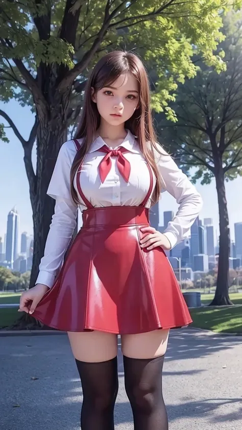 full body , fitted figure , cute beautiful schoogirl, beautiful cute curvy teen face with big lips , High Waisted red leather skater pinafore dress, blouse short puffy sleeves , High Waisted red leather  skater pinafore dress, red pioneer neckerchief , bru...