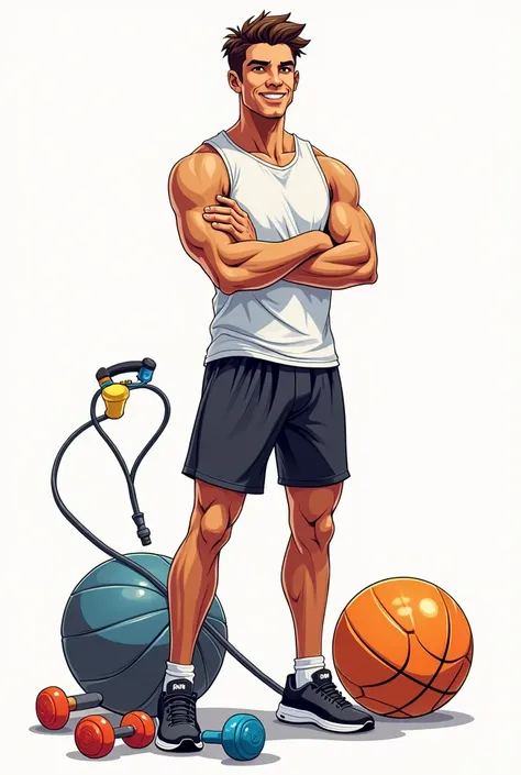  generate an illustration drawing of a young male physical education teacher containing exercise equipment balls,  Jump Rope , Weights on a white background 