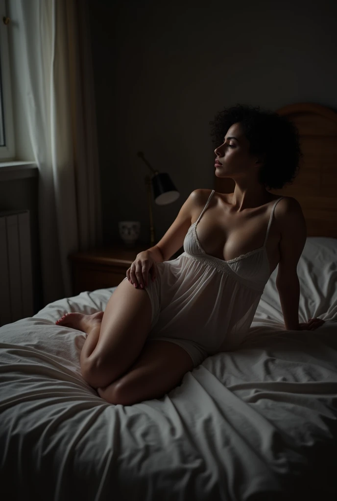 35-year-old woman Katina curly haired housewife with short low-cut BABYDOLL lying on the bed bare full body in the dark of night