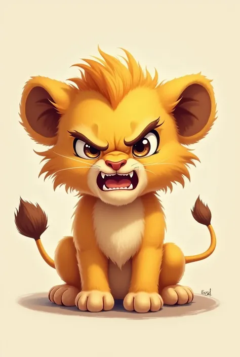 Give me a picture of cute lion cub angry look like human 