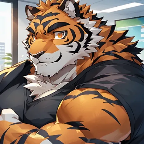 Muscular body type， male art，  huge muscles， Muscular 남성 영웅，  high resolution， Muscular！ close-up shot， Smile。 orange eyes. Gym view, Portrait of a tiger wearing a shirt .   Surprised Face  ,  tiger with orange and black stripes. 