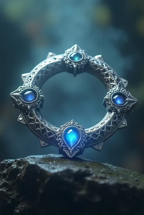 a silver circlet with three small gemstones (blue, black, and white) representing the Three-Eyed God.