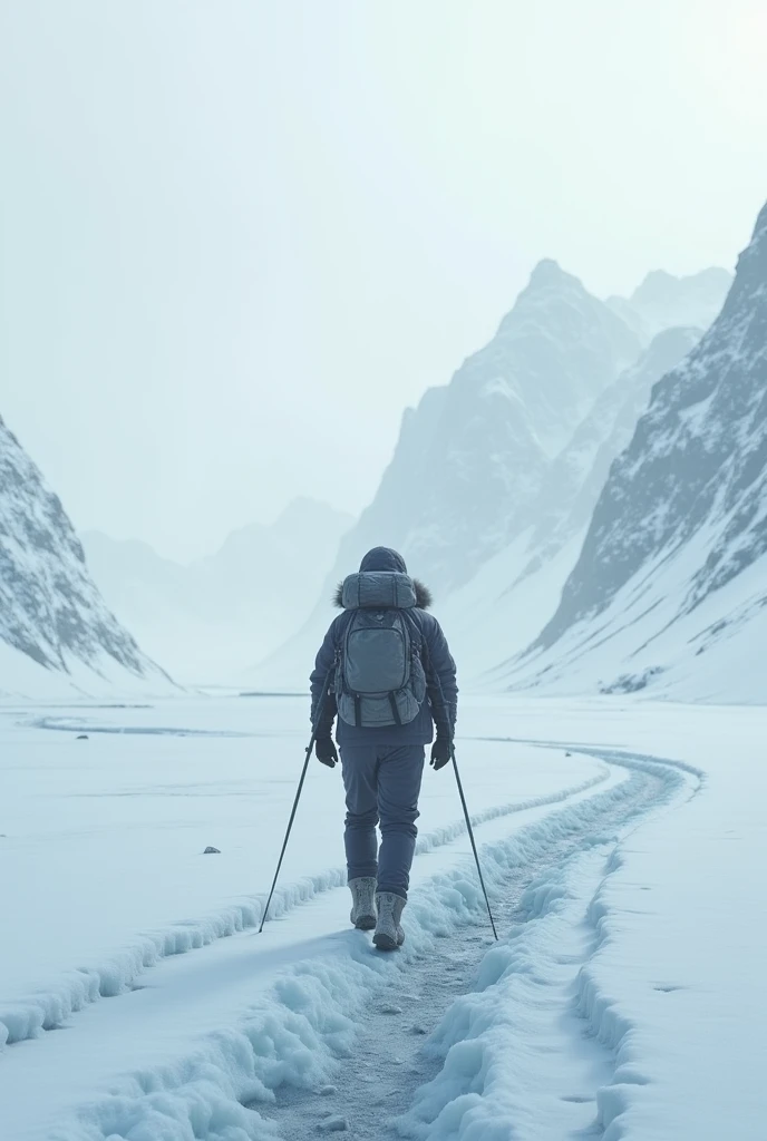 Un voyageur qui marche sur la glace sac au dos 