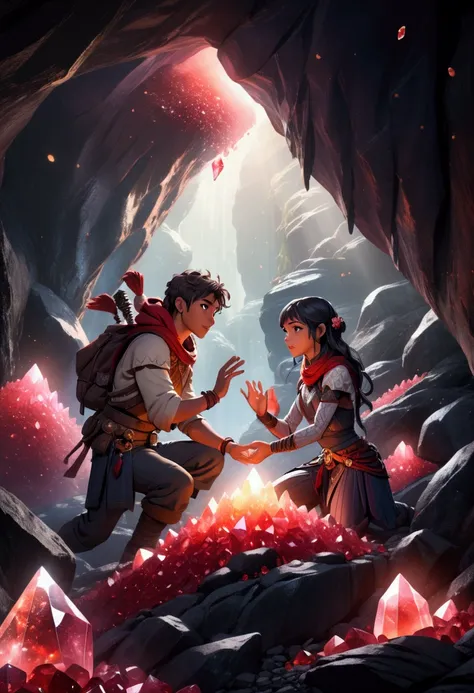 a detailed fantasy scene of two adventurers, a male and a female, reaching to grab a large pile of glowing red crystals in a dark, mystical cave, extremely detailed, cinematic lighting, volumetric fog, intricate crystal formations, dramatic camera angle, h...