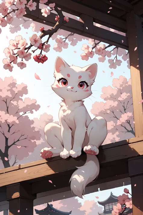 Adorable white kitten, paws up, 8k, cherry blossoms