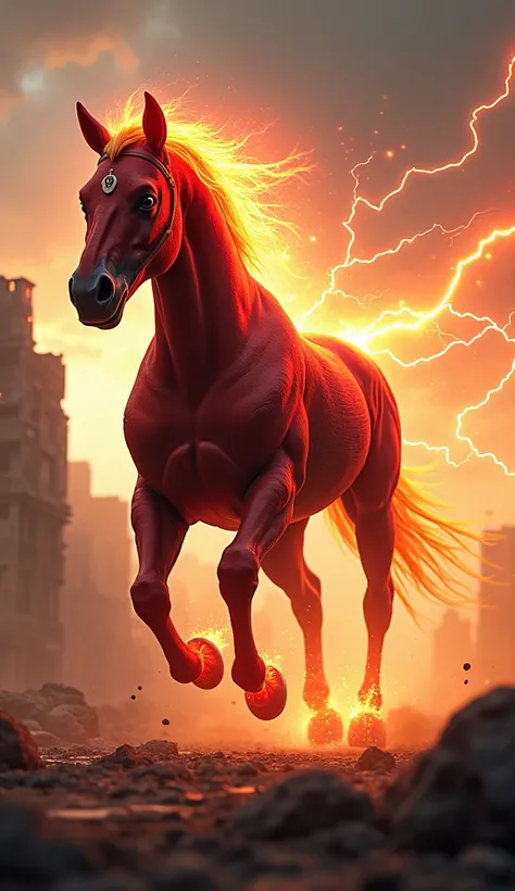 Create 32k ultra-realistic masterpiece image of a terrifying, mutated hybrid creature with Horse & The Flash as costume, The Buster Sword as armor, and Titans as final form. This hybrid creature is an unstoppable force, combining the speed and grace of a h...