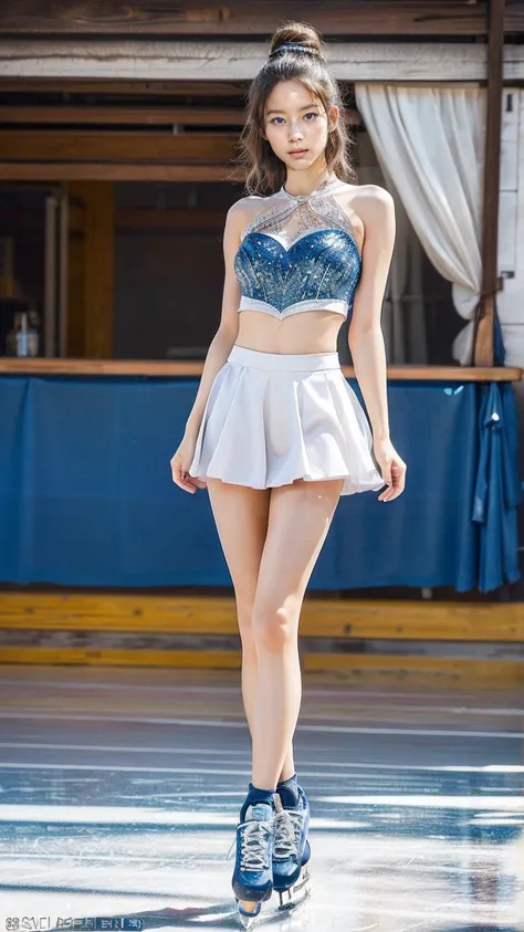 (8k, best quality:1.3), (extremely detailed:1.2), perfect anatomy, beautiful Japanese woman, 18 years old, healthy thighs, beautiful legs, beautiful skin, random hair color, random hairstyle, large breasts, (she is standing:1.2), female figure skater, figu...