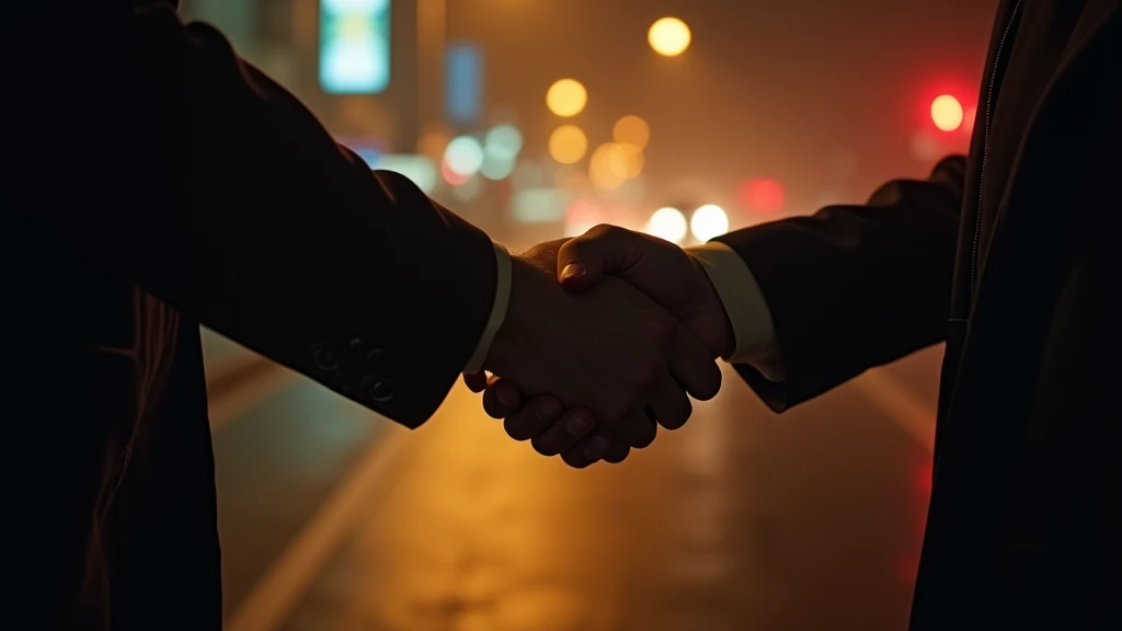 "A dramatic, high-contrast cinematic photograph of two hands shaking in a powerful moment, with strong side lighting casting sharp shadows. The background is a moody, blurred urban scene at night with glowing streetlights and a hint of mist, emphasizing in...