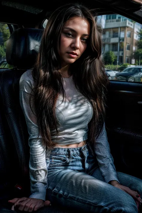  25-year-old brunette female DJ, penetrating black eyes, very long loose hair. In the back seat of a car with a leather seat is luxurious. The weather is cloudy this day.  natural lighting. Are you wearing a white long sleeve shirt and blue jeans. penetrat...