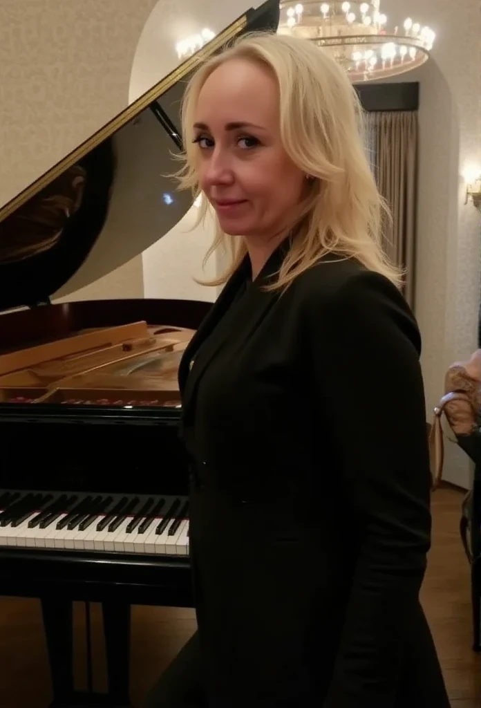 The camera slowly pulls away showing a woman stylish hairstyle in front of a piano in the background