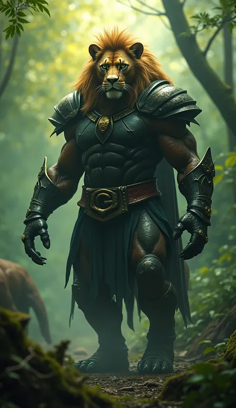 Create 32k ultra-realistic masterpiece image of a terrifying, mutated hybrid creature with Lion & Black Panther as costume, The Sword of Gryffindor as armor, and Predators as final form. This hybrid creature combines the regal strength of a lion with the s...