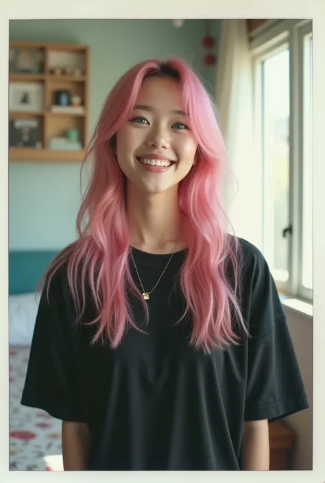  Realistic photograph with a Polaroid filter and the mythical white frames of a very beautiful 18-year-old Japanese girl, smiling happy. She has long disheveled hair dyed pink ,  with blue eyes and full lips .  He wears an oversized black t-shirt with a ne...