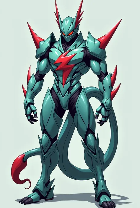 Anime man with turquoise skin. Greyish turquoise chrome like armor with a red lightning bolt on his chest. A long grey tail with a red tip. Greyish Turquoise helmet with a fin in the back 