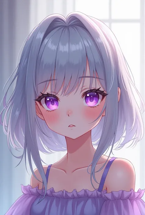 Anime, girl with silver hair and amethyst eyea