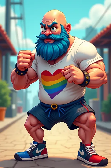 Cartoon of a stocky man ,  without hair with blue beard lenses , lgbt t-shirt, Martial Arts, and bracelets,  shorts and two-color shoes