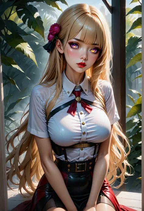  
(masterpiece, aesthetic, detailed eyes, realistic), 1girl, mahiru shiina, angel next door spoils me rotten, Long smooth straight golden hair, gradient eyes from purple to golden, large bust, large hips, slim waist, sitting in uniform, super detail, ultra...