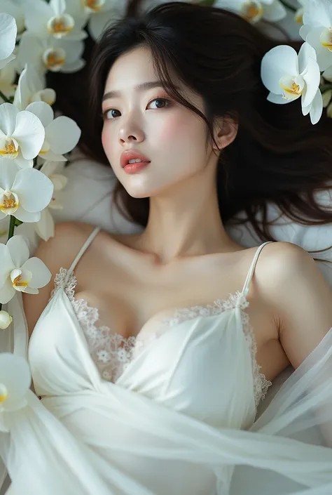 A 16K UHD fine art portrait of a beautiful Korean woman chubby looking at the camera with a top-quality ultra-detailed masterpiece. She is lying on a bed of white orchids and wearing a white dress with a white scarf covering the neck to the chest with lace...