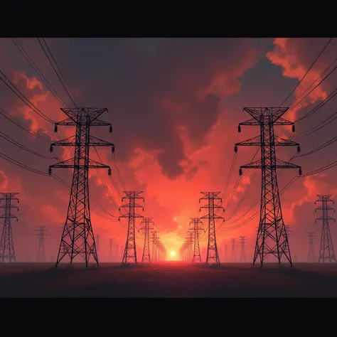 Have a field with power lines, big ones and more.  Above many iron poles and in the sky there are light clouds of red color