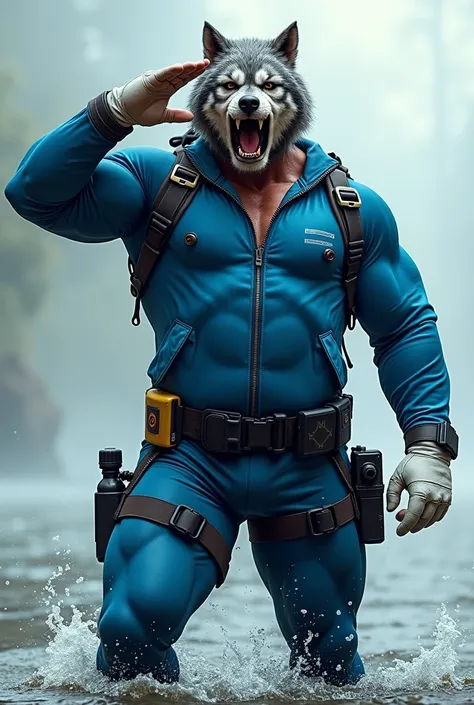 (A rugged beefy extremely muscular bulky old man), (wearing blue fullbody zipper wetsuit), (wearing realistic roaring wolf mask), saluting,  wearing bulky scuba gear, muscular physique, toned muscles, fierce, heroic, action, comic artstyle, bulky best qual...