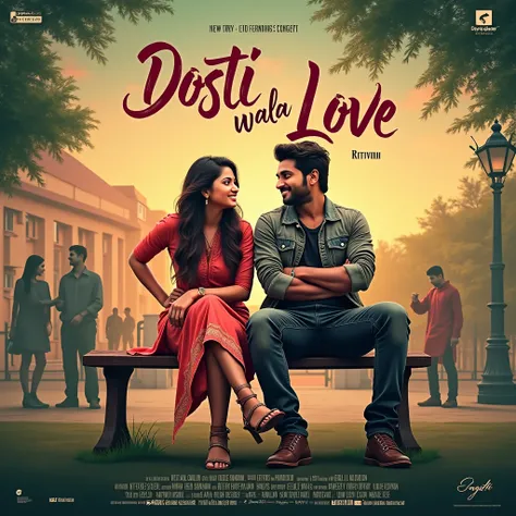 design A vibrant cool and dramatic Bollywood movie poster for DOSTI WALA LOVE. The backdrop features the serene and lush greenery of Dehradun with an elite college campus and a picturesque hill in the distance. In the foreground, the spirited and headstron...