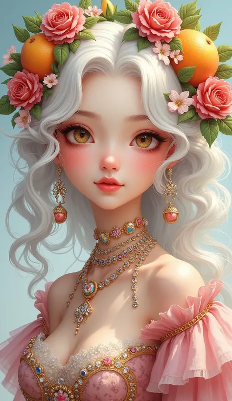 An exquisite woman in a Pixomeda style, vibrant and realistic. Young 21 year old girl, petite body, curly white hair, flowers fruit jewelry sparkles hair ribbons in her hair and decorating her clothes, small glasses, delicate features, long nose