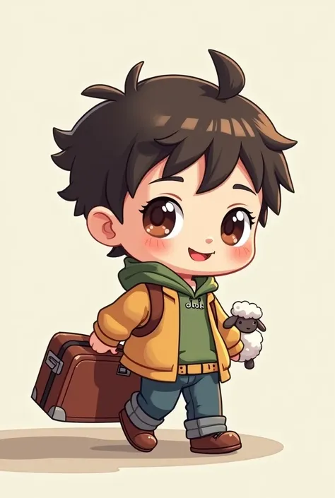  cartoon character of a boy carrying a suitcase, a low poly render ~  Kanbun Master, pixiv contest winner, pixel art, Chibi, advanced digital Chibi art, sheep,   Sitting Nendoroid in style. , Q cheeks, ~  :5 sexy: 7, [ digital art ]!!, !! Full Body Portrai...