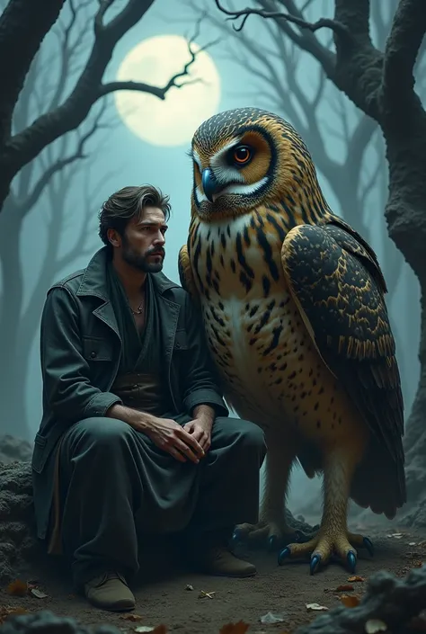 A Man Sitting Next to a Big and Spooky Owl 