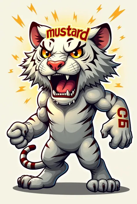 A 2D cartoon image of a brutal white tiger has the word Mustard on its head and BG5 on its arm.