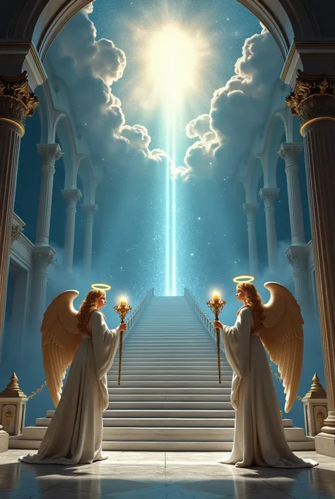 a celestial staircase, two angels holding processional candlesticks at the entrance, looking towards the center of the staircase, sacred celestial image, highly detailed, realistic, photorealistic, 8k, HDR, dramatic lighting, glowing, ethereal, ornate, int...