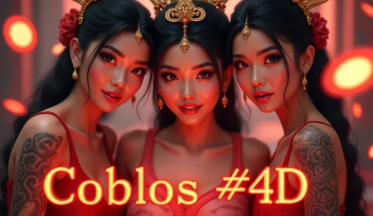 Create fantasy flyer that says "COBLOS4D SLOT Thailand No1", Center, BIG FONTS, BIG TEXT on the center ,thailand temple babes smiling, tattoo, happy, smile, Ultra High Quality Image, text on center, animated background, 4k, 8k,all red, flying chips, flying...