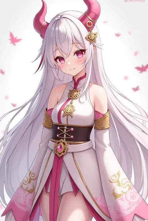 1 girl, genshin impact, clothing design similar to a hanfu but with white, pink and gold hems with dragons. Pink eyes, white hair, small pink horns with gold cuffs. Gold hairpins with pink jewels, tall, reveals shoulder and legs. 