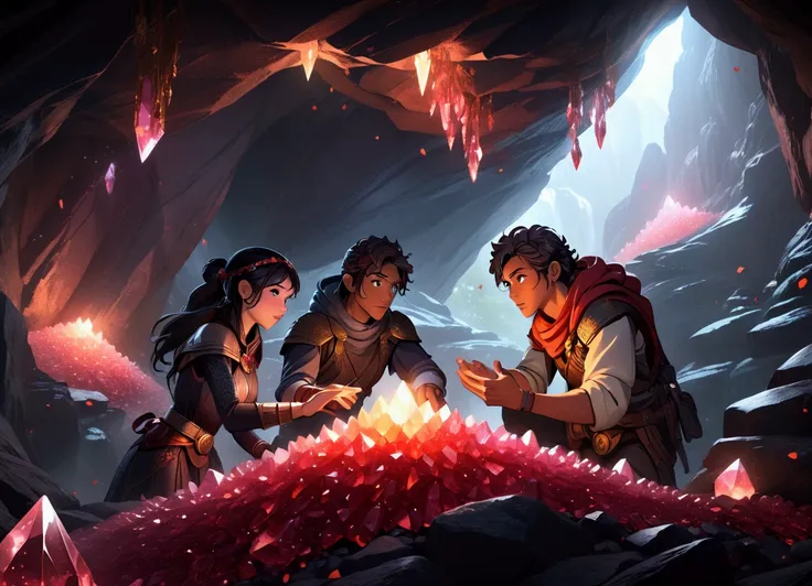 a detailed fantasy scene of two adventurers, a male and a female, reaching to grab a large pile of glowing red crystals in a dark, mystical cave, extremely detailed, cinematic lighting, volumetric fog, intricate crystal formations, dramatic camera angle, h...