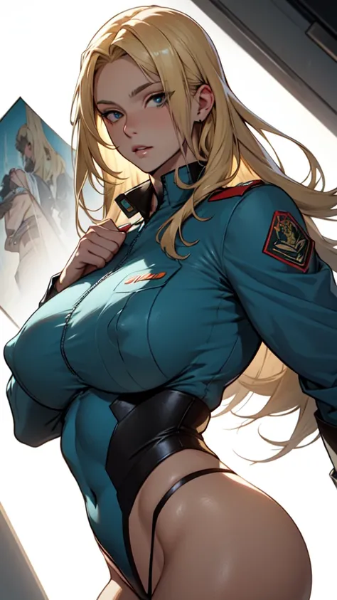 best quality, glossy, 4k, ((artwork)), extremely detailed, 8k, militar  mom, blonde long hair, very lon hair, cabeça proporcional ao corpo, blonde white long hair, olhar sério e misterioso
