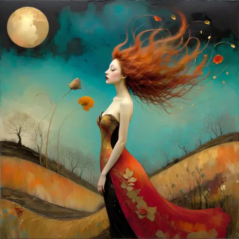 Craquelure, tempera, oil textured art by Iren Horrors, Sam Toft, Ruben Ireland, Vladimir Tretchikoff, Gabriel Pacheco, style of Odilon Redon, Degas style, Theophile Steinlen: the beautiful naked lady with the long blowing floating in the wind peach ombre h...