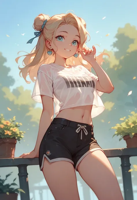 ultimate cute girl, translucent t-shirt, midriff, black shorts, Perfect Hands