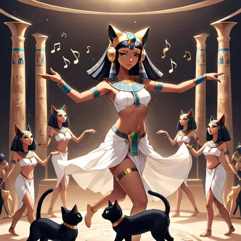 ( high quality illustration ), Bastet Goddess, デフォルメ, Cat ears, Ancient Egyptian decoration, wireless headphones , dance, music, Black Cat, note,  simple background