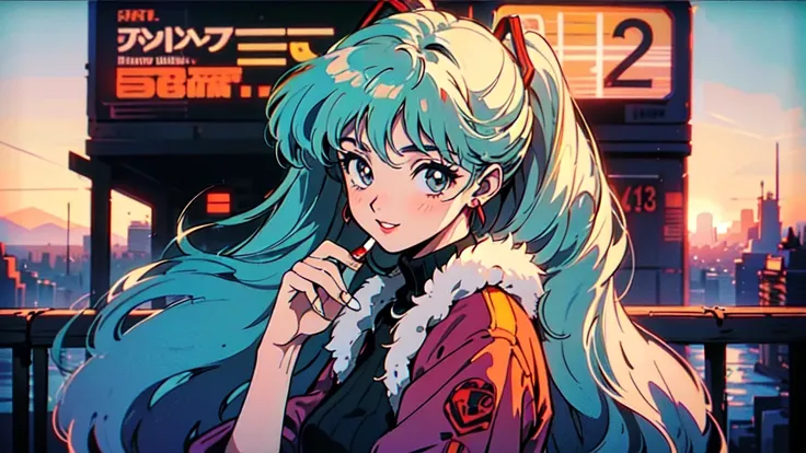 (80s, retro, city pop poster:1.5), (album cover), (masterpiece, best quality, intricate detail), (anime, illustration), (pastel colors:1.3), best photo pose,  Hatsune Miku , iconic blue-green twin-tails with signature hair accessories, cheerful and youthfu...