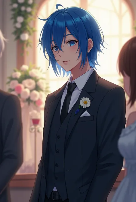 Human male having blue hair having a weeding