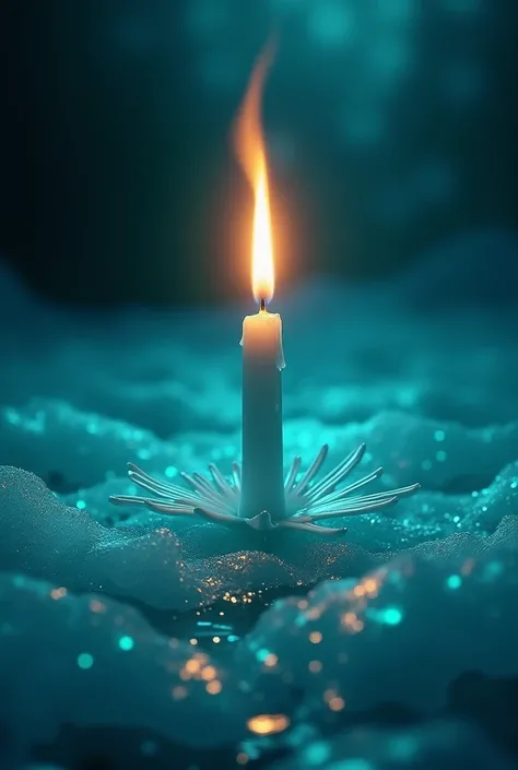  A dark space covered with turquoise ice . A white scented candle is burning in the center . The flame is very long and burning violently. .  As the scented candle flows down, it flows down into a flower-shaped shape..