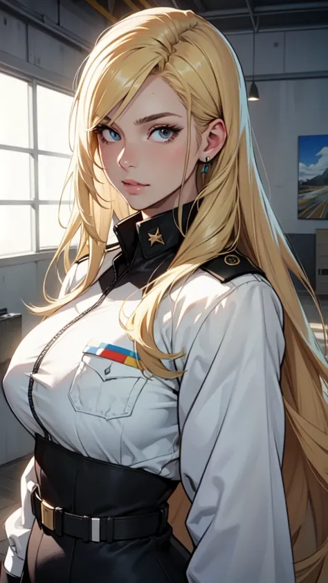 best quality, glossy, 4k, ((artwork)), extremely detailed, 8k, militar  mom, blonde long hair, very lon hair, cabeça proporcional ao corpo, blonde white long hair, olhar sério e misterioso
