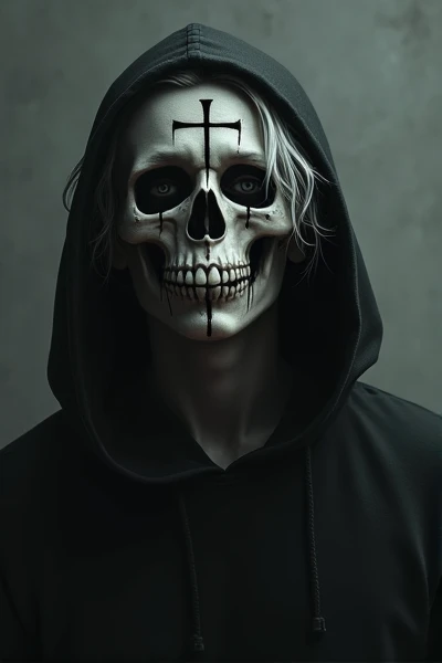  wearing a black hood ,Unrealistic digital drawing of a young man wearing a skull-shaped mask ,  with dark tears flowing from his eyes and ,  An unrealistic picture of white hair and unrealistic light skin,  dark background, There is a cross in the center ...