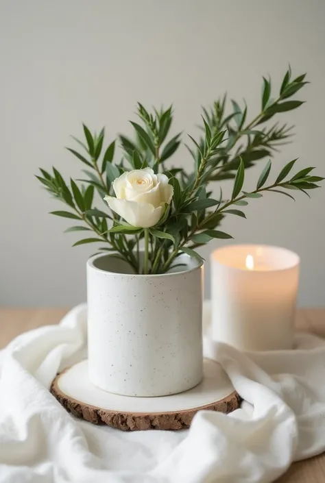 Creer une bougie dans un pot marbré de couleur blanc sur un drap de soi blanc épuré ecrire sur le pot " Brillant candles sur une etiquette ajouter   "Selliez collectionsur une autre petite etiquette  " ajouter tout autour des paniers en osier et des galets...