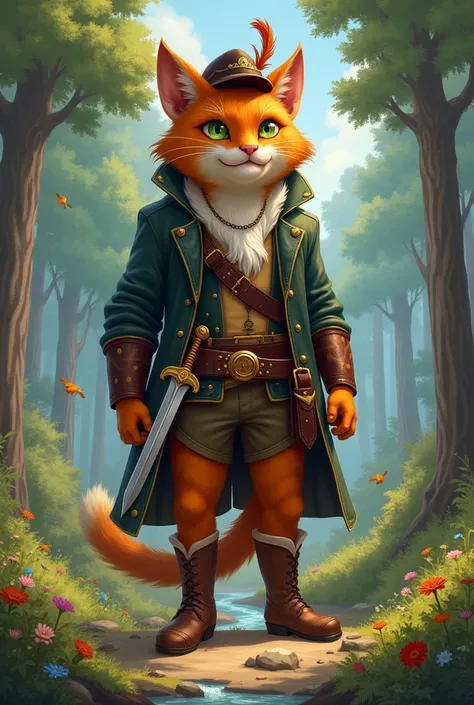 (realistic) In an enchanted forest setting ,  where tall, ancient trees rise as guardians of time ,  an agile and cunning figure emerges : Puss in Boots. Tall and extremely strong ,  His green eyes shine with a sharp intelligence ,  reflecting the sunlight...