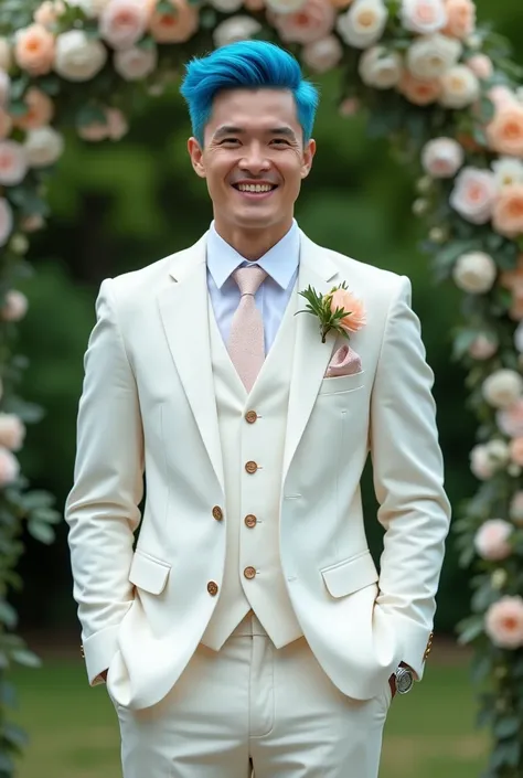 Human male having blue hair having a weeding in a white suit