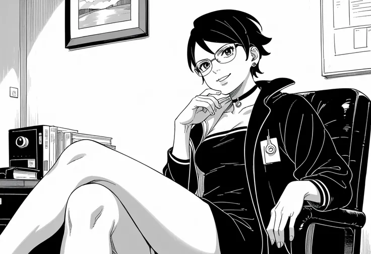 Nsfw, monochrome, manga_source, best background, detailed background, manga, grayscale, uchiha sarada, boruto_two_blue_vortex, post timeskip, Uchiha_sarada, solo, chair, sitting, crossed legs, horny, naughty face,  black hair, short hair, glasses, beautifu...