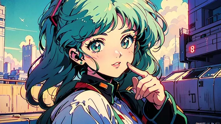 (80s, retro, city pop poster:1.5), (album cover), (masterpiece, best quality, intricate detail), (anime, illustration), (pastel colors:1.3), best photo pose,  Hatsune Miku , iconic blue-green twin-tails with signature hair accessories, cheerful and youthfu...