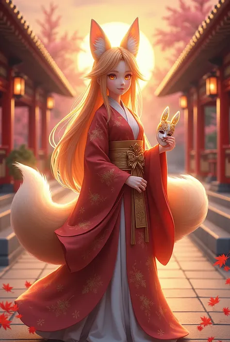 A breathtaking anime-style fox girl standing with an air of elegance within the sacred grounds of a traditional Japanese temple, illuminated by the soft glow of a setting sun that casts warm hues across the scene. Her long, flowing hair, a vivid orange lik...