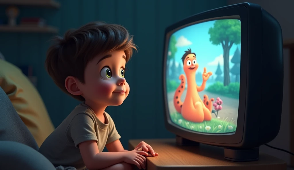 A boy is watching a cartoon shown on a TV., The boys eyes are on the TV.

